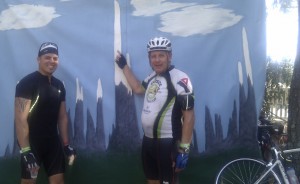 Yamil and I at the US 27 Tourist Welcome Center SAG. I am pointing to the Sugarloaf climb profile.